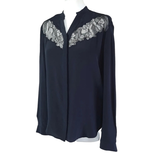 AllSaints Mystic Blue 100% Silk & Lace Kite Shirt Blouse UK Size 8 - Picture 4 of 10